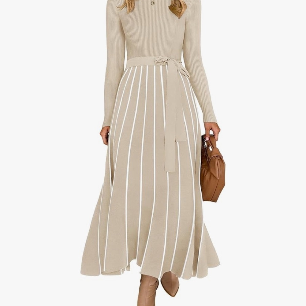 Beige Striped Long Sleeve Dress